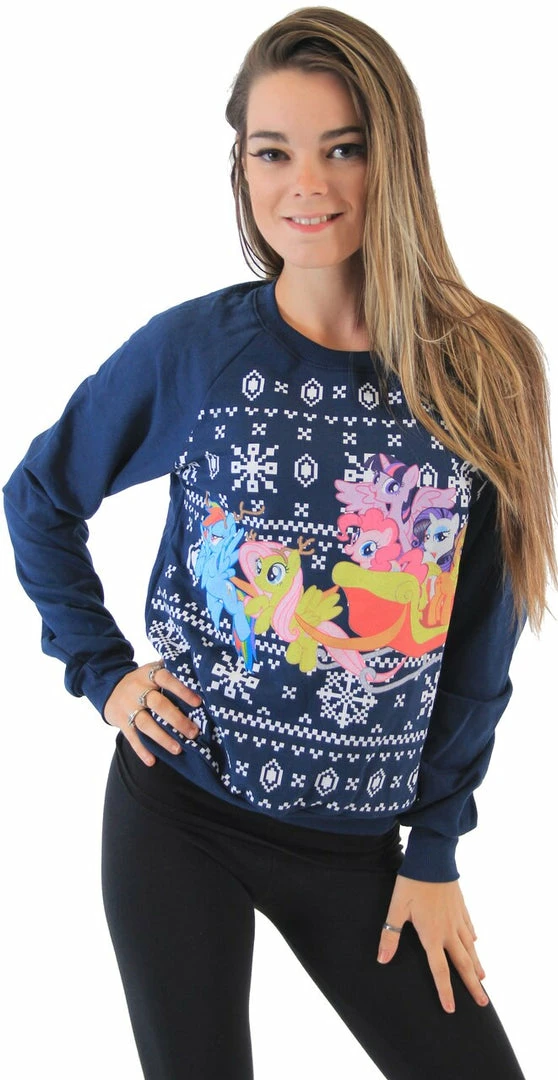 Mighty Fine My Little Pony Group Sleigh Ride Snowflakes Juniors Navy Sweatshirt Sweaters & Sweatshirts 3 Mighty Fine My Little Pony Group Sleigh Ride Snowflakes Juniors Navy Sweatshirt Sweaters & Sweatshirts