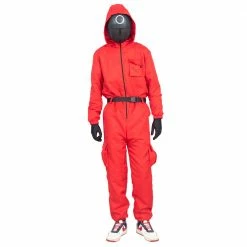 TVStoreOnline Sales 27 Costume Agent Squid Costume Red Jumpsuit With Mask Belt And Gloves Halloween Cosplay Squid Game