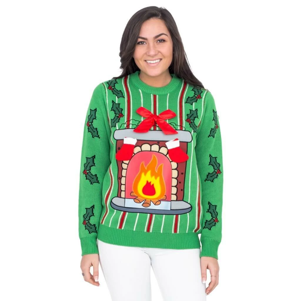 Costume Agent Sweaters & Sweatshirts Fireplace LED Light Up Green Ugly Christmas Sweater 3 Costume Agent Sweaters & Sweatshirts Fireplace LED Light Up Green Ugly Christmas Sweater