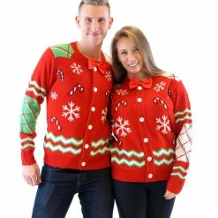 Costume Agent Sweaters & Sweatshirts Candy Canes Button Up Ugly Sweater With Bowtie