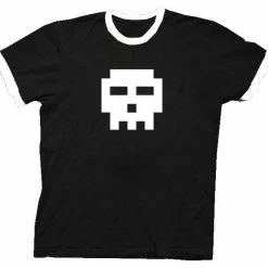 Art Box Pixel Skull Adult Black With White Ringers T-shirt